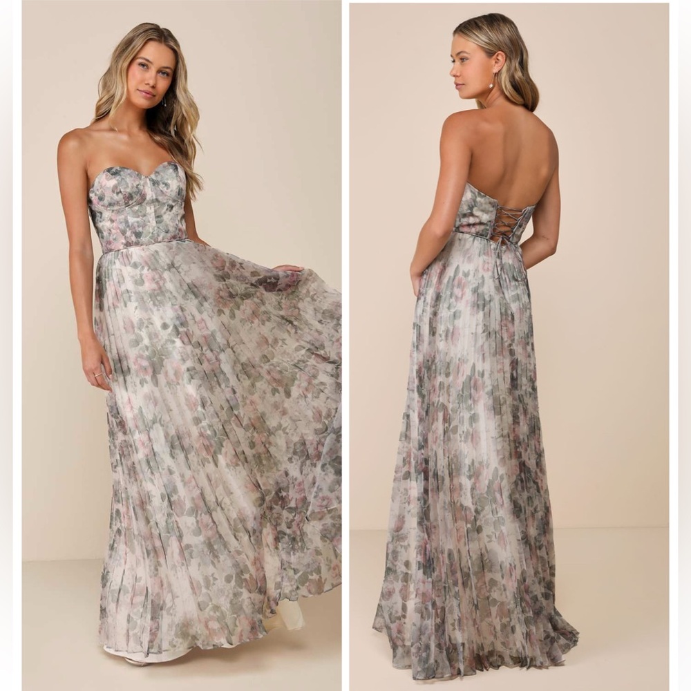 Lulu's Most Beautiful Day Ivory Floral Strapless Watercolor Floral Maxi Dress